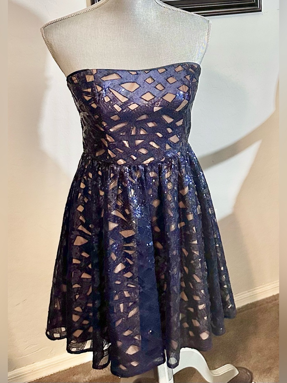 Aidan by Aidan Mattox Strapless Navy/Nude Lattice Sequin Mini Cocktail Dress